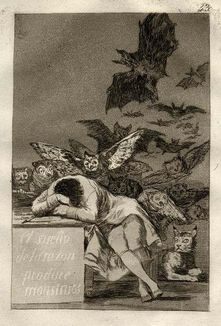 Black-and-white graphic drawing of a distressed nude woman sitting with her head bowed, surrounded by flying and perched owls and bats.