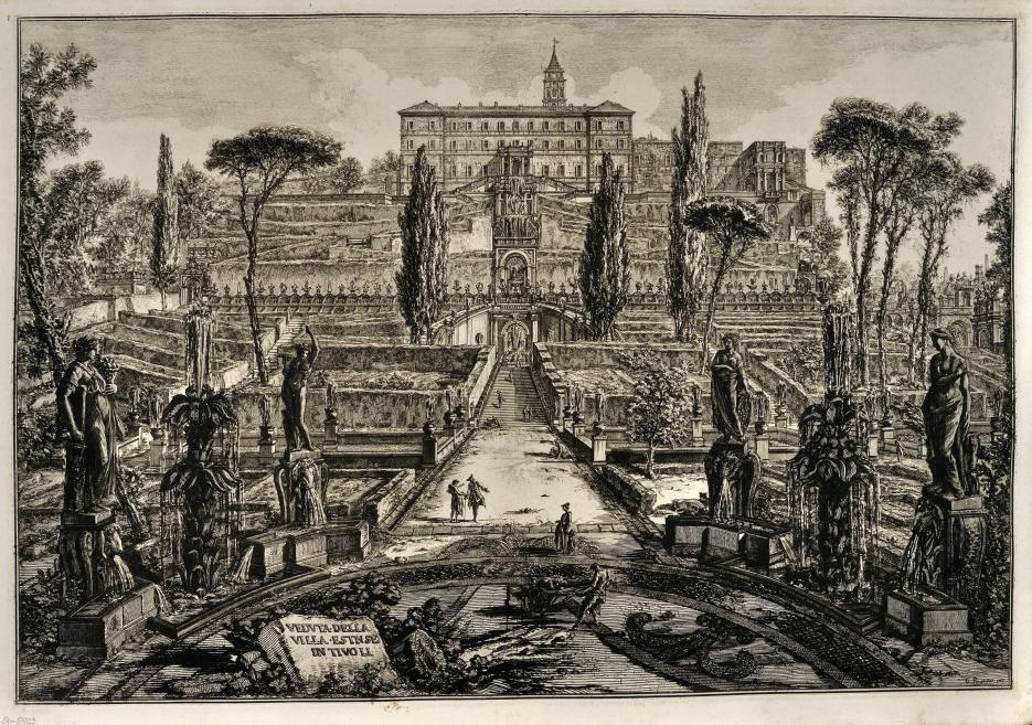 Print of the terraced gardens of Villa d’Este in Tivoli, with a central avenue, fountains, statues, and the building on the hilltop.