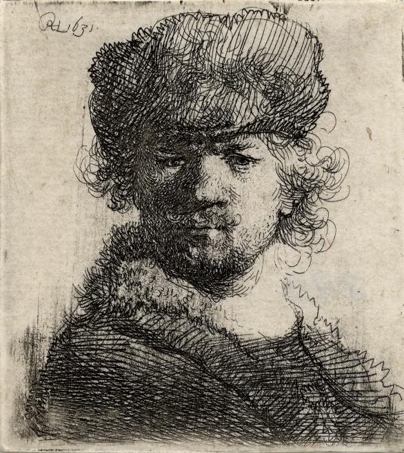 Portrait of a woman in a black line drawing on toned paper, wearing a large fluffy hat with her shoulders visible.