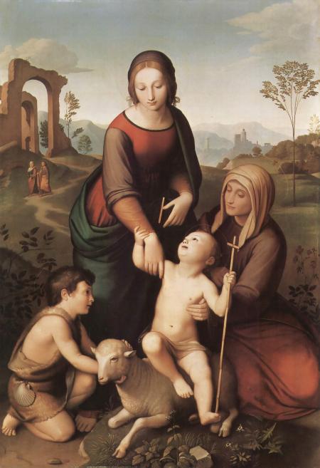 A haloed woman in red and green garments stands beside a child with a lamb, while a seated woman holds a cross; the background shows a landscape with ruins, trees, and distant buildings.