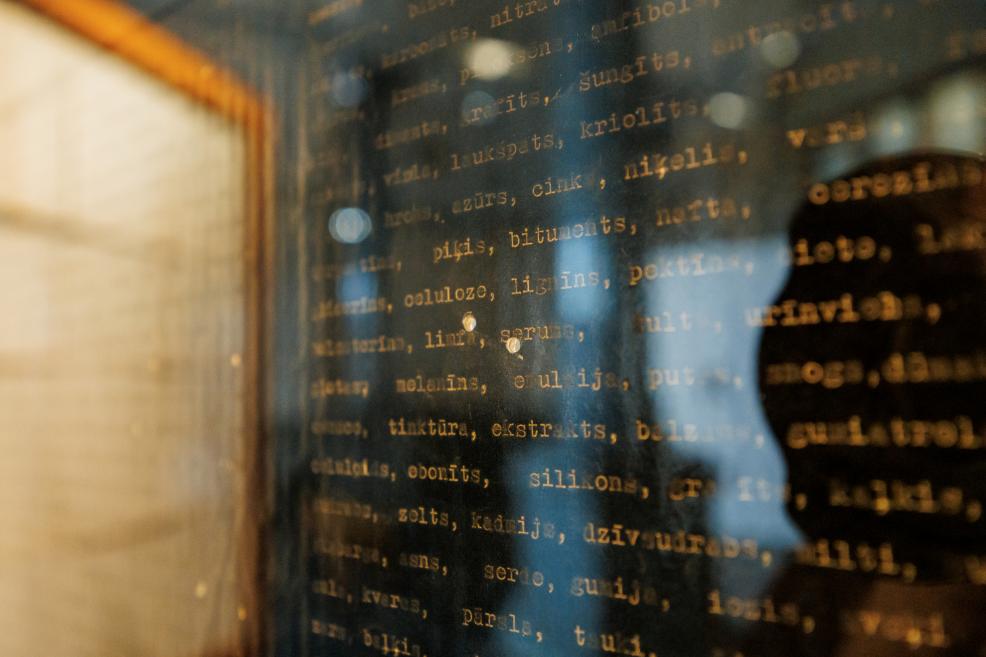 Tuvplānā redzams stiklā atspīdēts cilvēka profils uz darba ar blīvi rakstītu tekstu fona, radot daudzslāņainu un reflektīvu vizuālu iespaidu.