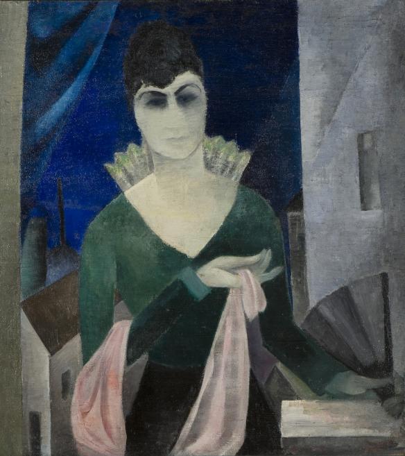 Aleksandras Beļcovas glezna “Sieviete ar plīvuru” (1920) attēlo stilizētu sievietes tēlu ar tumšu fonu un ekspresīvu skatienu.