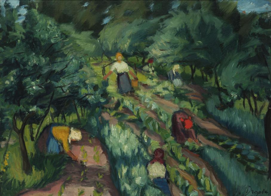 Nikolaja Drapčes glezna “Dārzā” (1923) attēlo sievietes, kas strādā dārzā starp kokiem, ar dinamiskām zaļo toņu otas triepienu faktūrām.