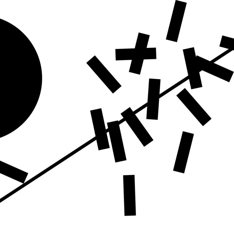 Grafiskais dizains, melns aplis ar nelieliem izbārstītiem melniem taisnstūriem, kas novietoti smalkas, diognālas līnijas tuvumā uz balta fona.