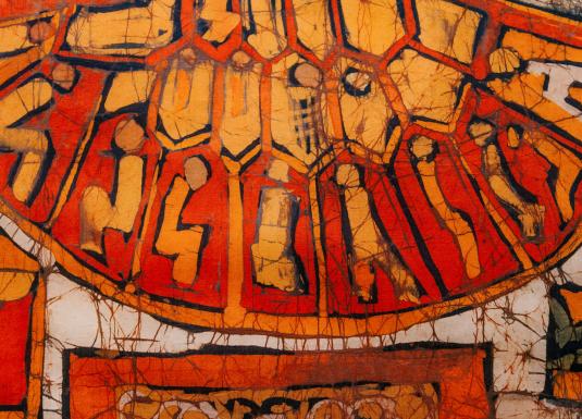 Abstrakta mākslas darba fragments siltos oranžos un sarkanbrūnos toņos ar ģeometriskām formām un izteiktu līniju struktūru.