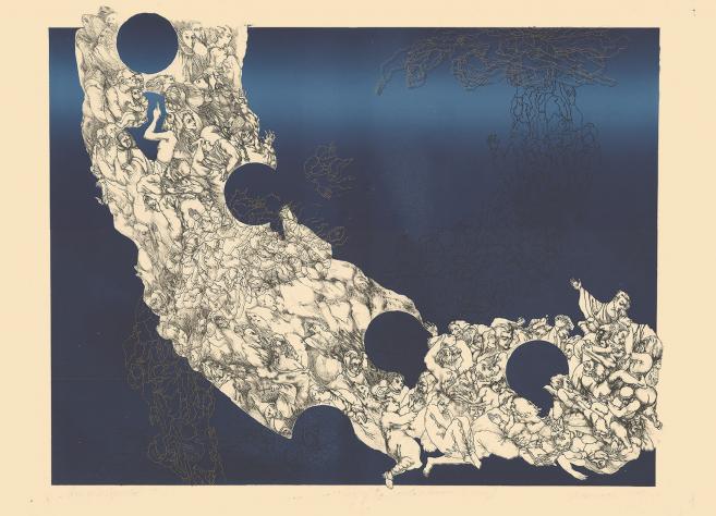 Abstrakta kompozīcija ar stilizētām cilvēka figūrām un krāsainiem biomorfiem elementiem uz gaiša fona.