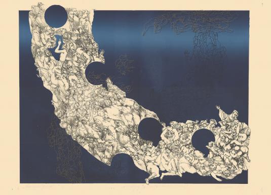 Abstrakta kompozīcija ar stilizētām cilvēka figūrām un krāsainiem biomorfiem elementiem uz gaiša fona.