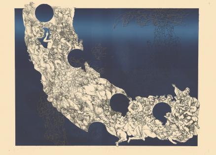 Abstrakta kompozīcija ar stilizētām cilvēka figūrām un krāsainiem biomorfiem elementiem uz gaiša fona.