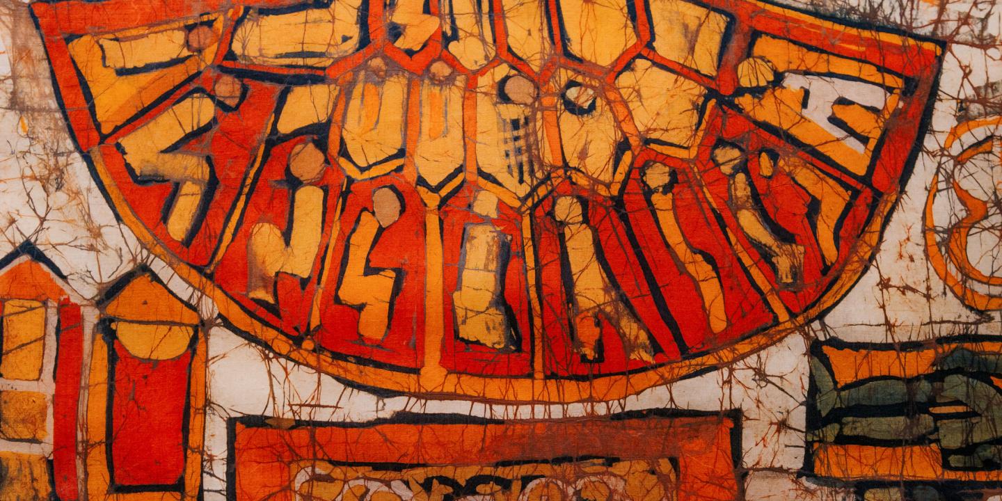 Abstrakta mākslas darba fragments siltos oranžos un sarkanbrūnos toņos ar ģeometriskām formām un izteiktu līniju struktūru.