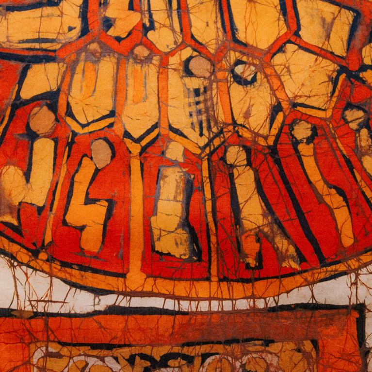 Abstrakta mākslas darba fragments siltos oranžos un sarkanbrūnos toņos ar ģeometriskām formām un izteiktu līniju struktūru.