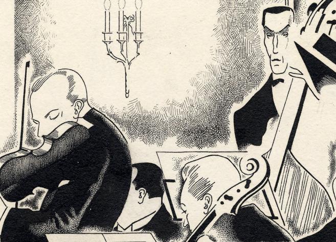 Melnbalta stilizēta ilustrācija ar vairākiem mūziķiem interjerā, tostarp vijolnieku un kontrabasistu, izteiktā grafiskā Art Deco stilā.