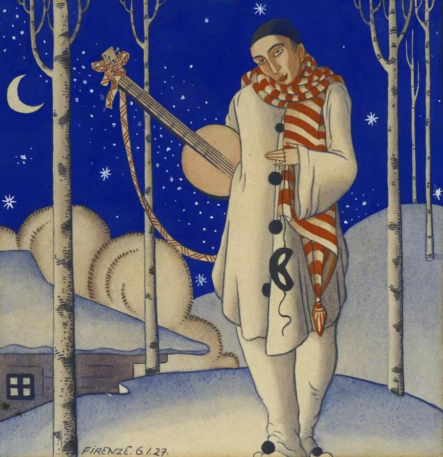Stilizētā ziemas ainavā attēlots vientuļš muzikants baltā tērpā ar svītrainu šalli, nesot stīgu instrumentu sniegotā bērzu birzī zem zvaigžņotām nakts debesīm.