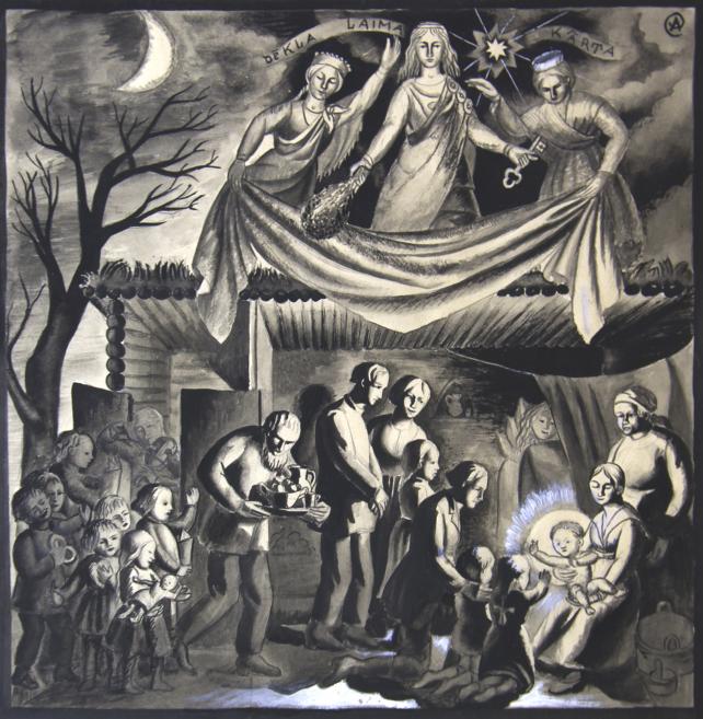 The monumental black-and-white composition depicts a symbolic scene of birth and destiny, with mythological female figures above a peasant family and a newborn child in a nocturnal setting beneath the moon and a star.
