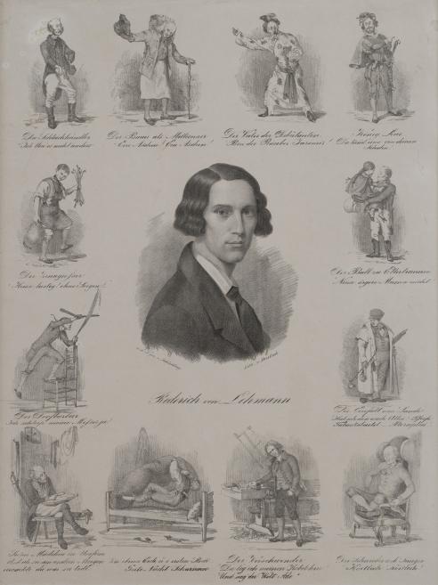 The detailed black-and-white engraving features a central portrait of the writer Rudolf von Altstern, surrounded by various theatrical and everyday figure scenes accompanied by explanatory captions in German.
