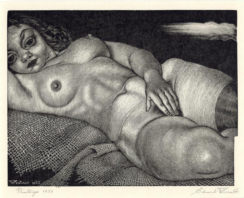 The finely executed black-and-white graphic depicts a reclining female nude with an expressive gaze and decoratively modeled body, created in a surreal and erotically symbolic mood.