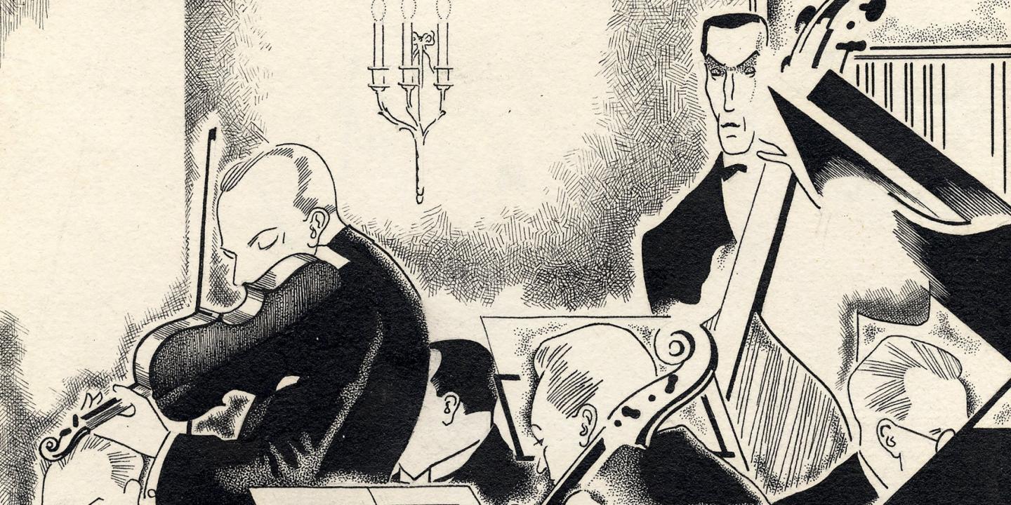 Melnbalta stilizēta ilustrācija ar vairākiem mūziķiem interjerā, tostarp vijolnieku un kontrabasistu, izteiktā grafiskā Art Deco stilā.