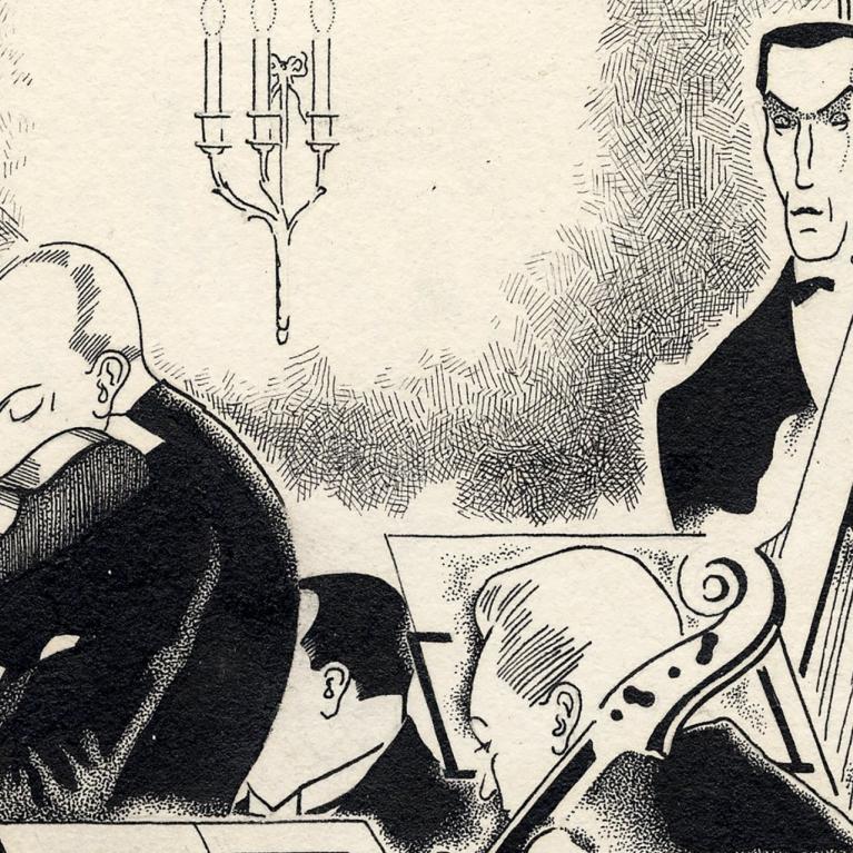 Black-and-white stylized illustration of several musicians indoors, including a violinist and double bassist, rendered in a bold Art Deco graphic style.