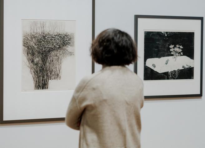 Apmeklētājs muzejā aplūko divus ierāmētus grafikas darbus uz baltas sienas.