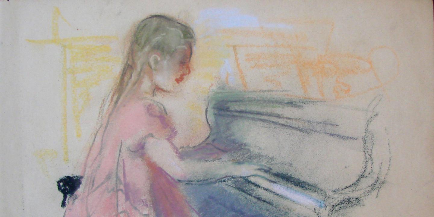 Pastelī zīmēta meitene sēž pie klavierēm un spēlē, fonā redzami viegli iekrāsoti interjera silueti.