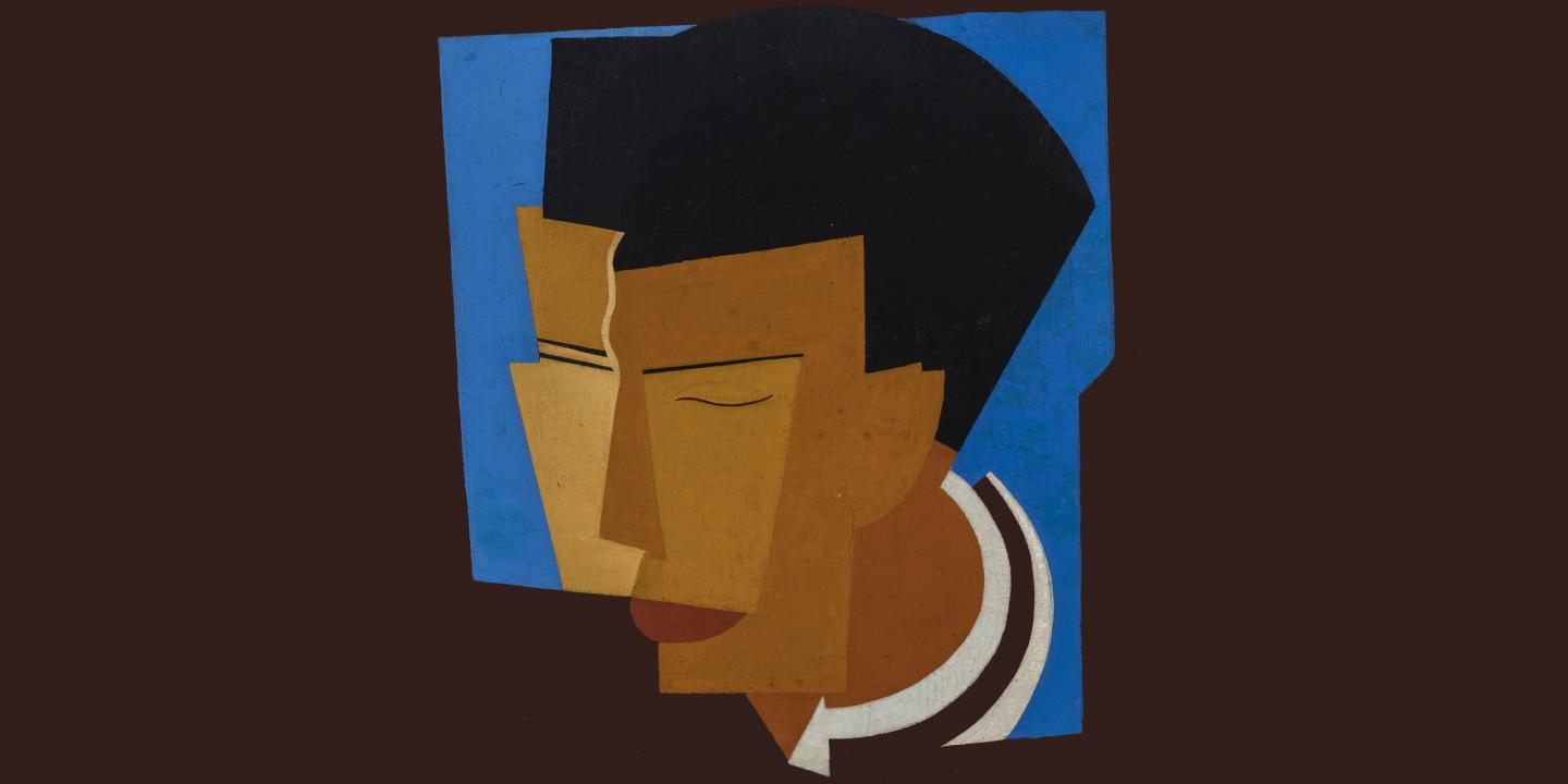 Niklāva Strunkes darbs ar stilizētu portretu zilā un brūnā krāsu gammā, veidots ģeometriskās formās.