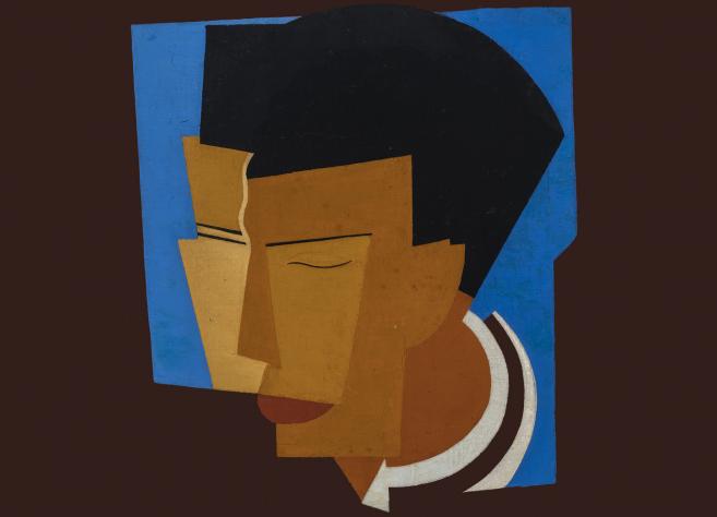 Niklāva Strunkes darbs ar stilizētu portretu zilā un brūnā krāsu gammā, veidots ģeometriskās formās.