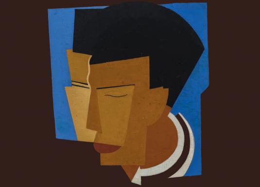 Niklāva Strunkes darbs ar stilizētu portretu zilā un brūnā krāsu gammā, veidots ģeometriskās formās.