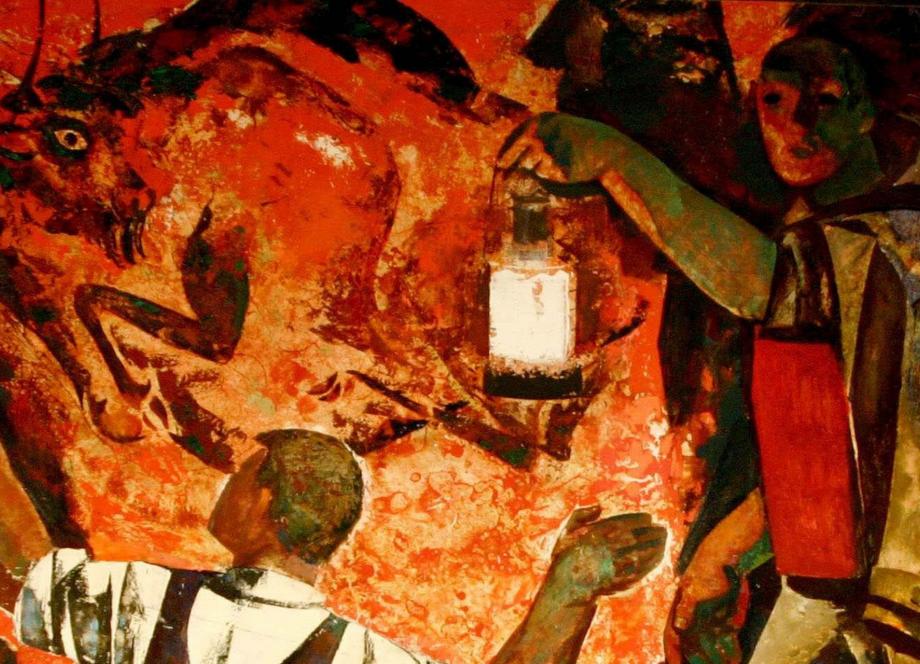 Ojārs Ābols, Atklājums (1967) – ekspresīva kompozīcija sarkanbrūnos toņos ar divām cilvēku figūrām un laternu, kas izgaismo fantastisku dzīvnieka tēlu.