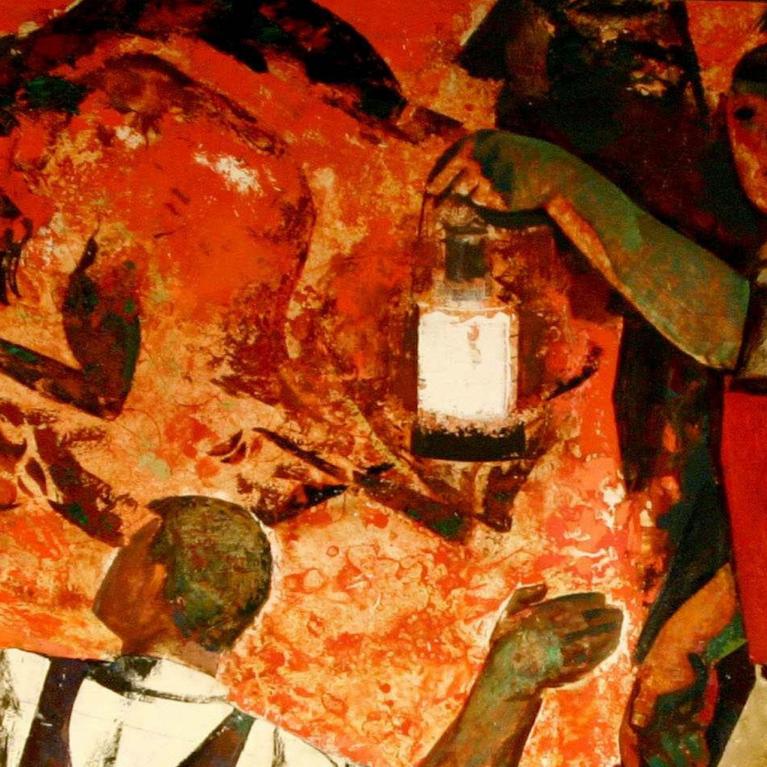 Ojārs Ābols, Atklājums (1967) – ekspresīva kompozīcija sarkanbrūnos toņos ar divām cilvēku figūrām un laternu, kas izgaismo fantastisku dzīvnieka tēlu.