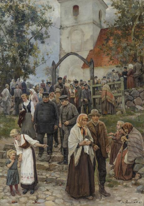 Gleznota ainava ar ļaužu pūli pie baznīcas, kur redzami dažāda vecuma cilvēki tautastērpos un svētku drēbēs uz akmens ceļa.
