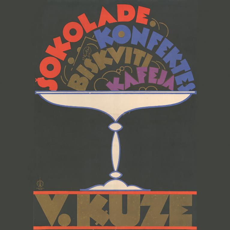 Oskars &Scaron;teinbergs.  Ķuzes &scaron;okolāde. 20. gs. 30. gadi. Plakāts, tipogrāfijas druka. Latvijas Nacionālās bibliotēkas krājums. Skenējums