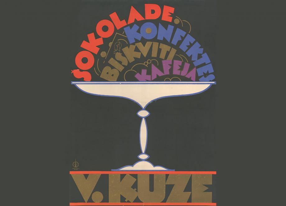 Oskars &Scaron;teinbergs.  Ķuzes &scaron;okolāde. 20. gs. 30. gadi. Plakāts, tipogrāfijas druka. Latvijas Nacionālās bibliotēkas krājums. Skenējums