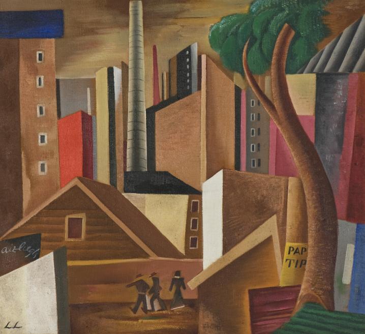 Glezna attēlo pilsētas ainavu ar augstiem ēku siluetiem, koku un trijiem gājējiem priekšplānā.