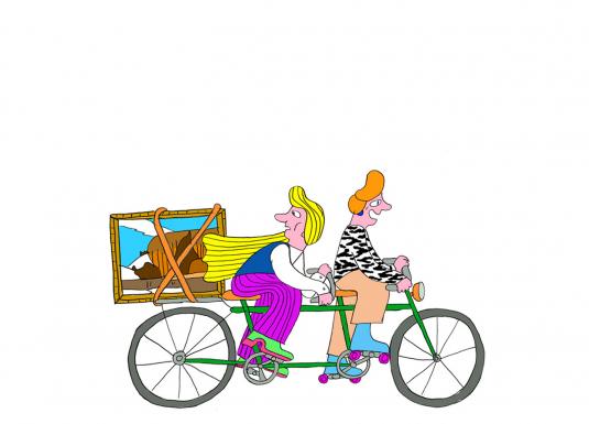 Divi cilvēki brauc ar tandēma velosipēdu, aizmugurē pārvadājot ar siksnām piestiprinātu ainavas gleznu.