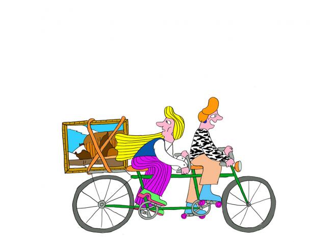 Divi cilvēki brauc ar tandēma velosipēdu, aizmugurē pārvadājot ar siksnām piestiprinātu ainavas gleznu.