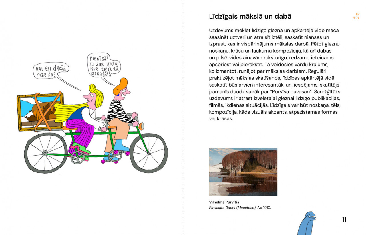 Divi cilvēki brauc ar tandēma velosipēdu, aizmugurē pārvadājot ar siksnām piestiprinātu ainavas gleznu.