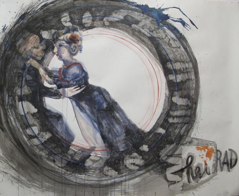Watercolor and ink composition with a female figure in a blue-gray dress בתוך a large dark circular form on a white background.