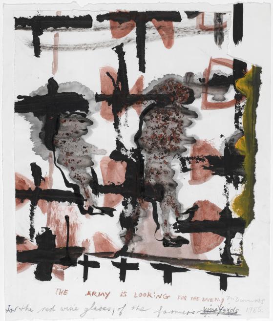 Abstract composition in watercolor and ink with black, gray, pink, and yellow brushstrokes on white paper, with handwritten text along the bottom.