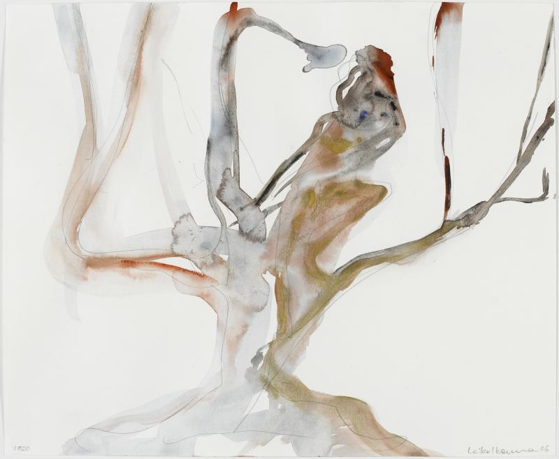 Abstract watercolor and pencil composition with a human figure silhouette and blurred gray, brown and ocher lines on a white background.