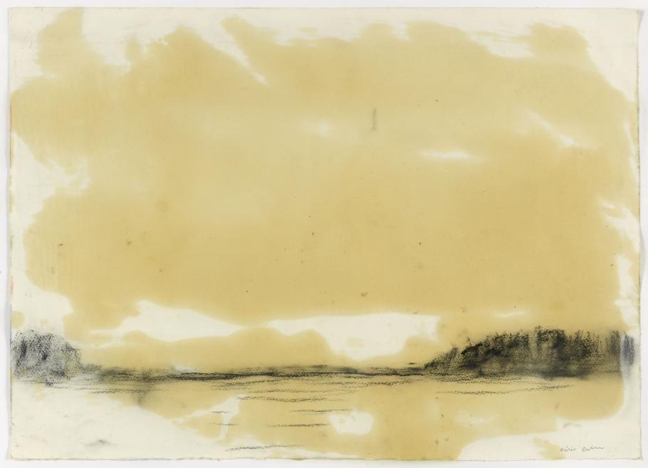 Abstract landscape in yellowish watercolor and charcoal tones, with dark shoreline silhouettes at the bottom.