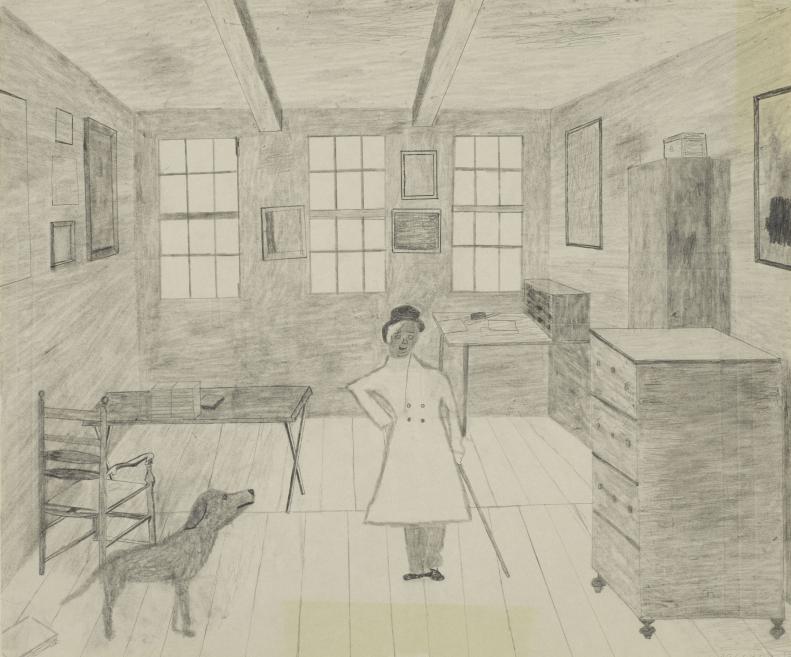 Pencil drawing of a room with a woman in a white dress, a dog, a table, cabinets, and framed works on the walls.