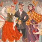 Colorful tapestry showing a group of people in folkloric dress standing against a background of flowers and birds.