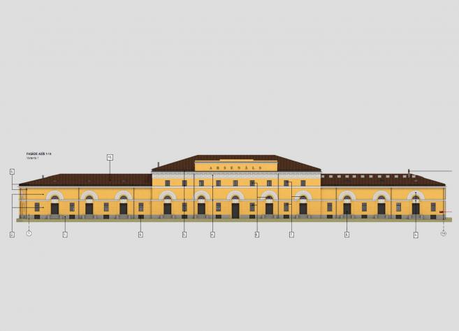 Architectural illustration of a building façade with yellow plaster, white window frames, and a brown roof, featuring the inscription “ARSENĀLS”.