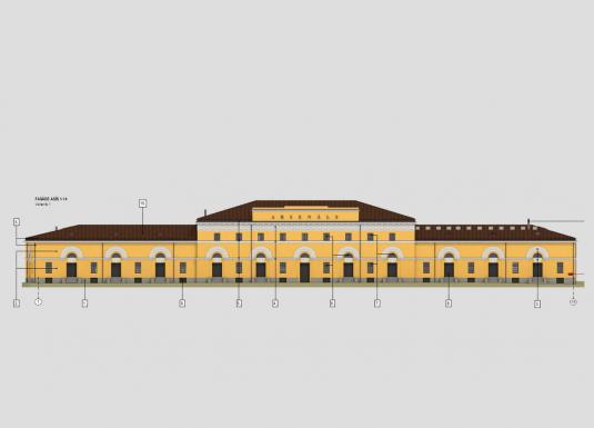 Architectural illustration of a building façade with yellow plaster, white window frames, and a brown roof, featuring the inscription “ARSENĀLS”.