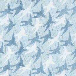 Zilpelēks raksts ar stilizētiem baltu un zilu putnu siluetiem lidojumā.