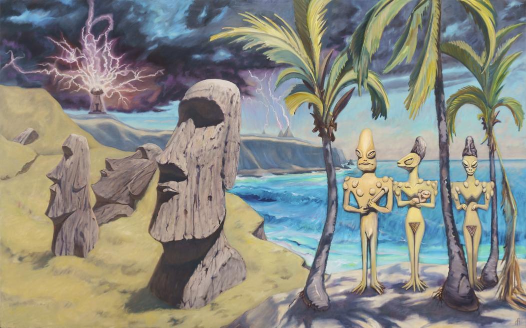 In a surreal seaside painting, Easter Island moai statues, palm trees, and three stylized alien figures appear in a storm-lit landscape.