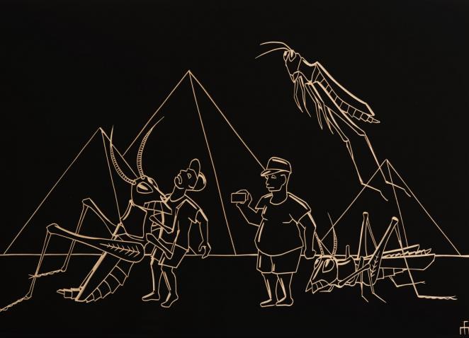 A stylized line drawing on a black background depicts human figures and large grasshoppers near pyramids.