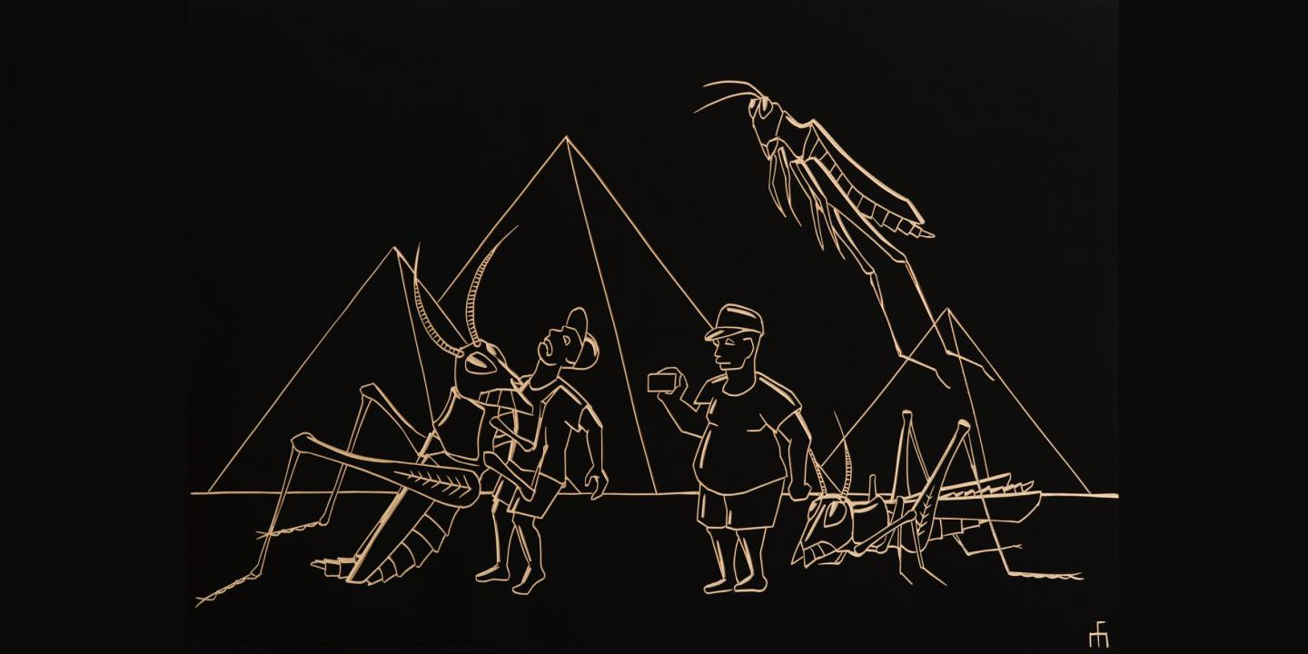 A stylized line drawing on a black background depicts human figures and large grasshoppers near pyramids.