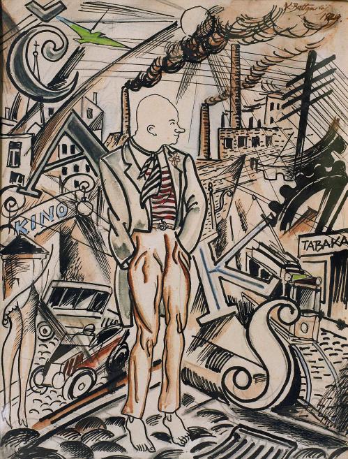 Graphic illustration of a man in an urban environment with industrial and architectural elements.