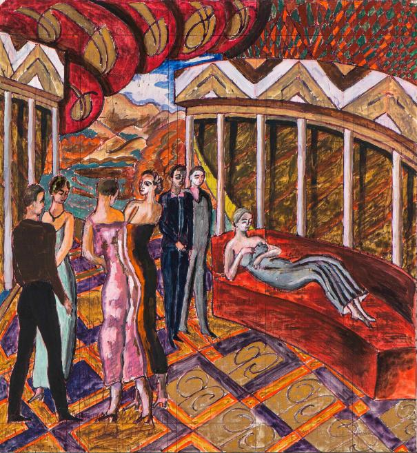 Painting showing a group of people on a city street, with dark tones and vivid colour accents.