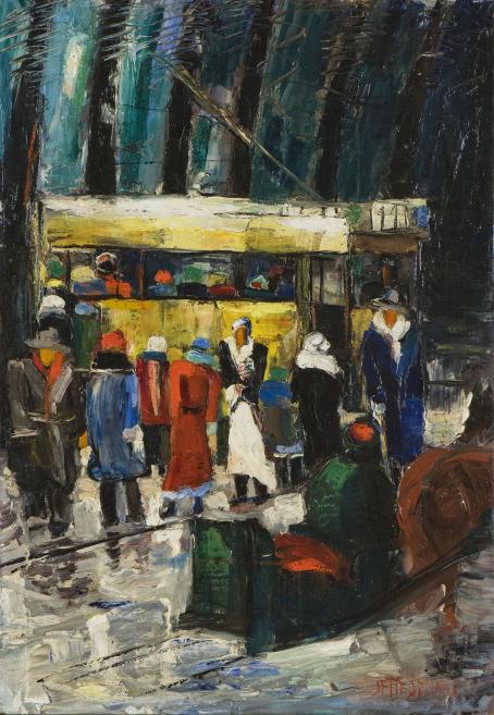 Painting of people in an interior, with figures in motion and vivid, decorative colours.